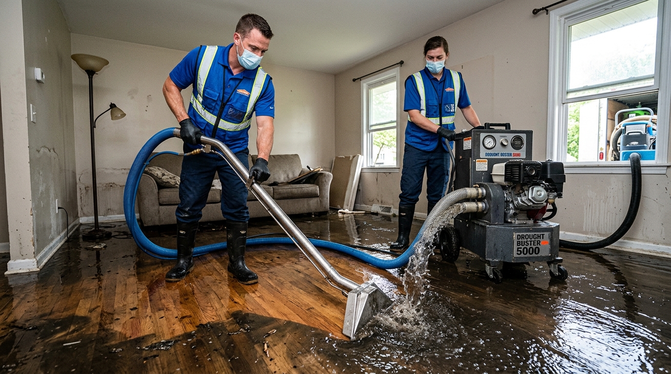 Truck-mount style extractor removing water from a flooded room