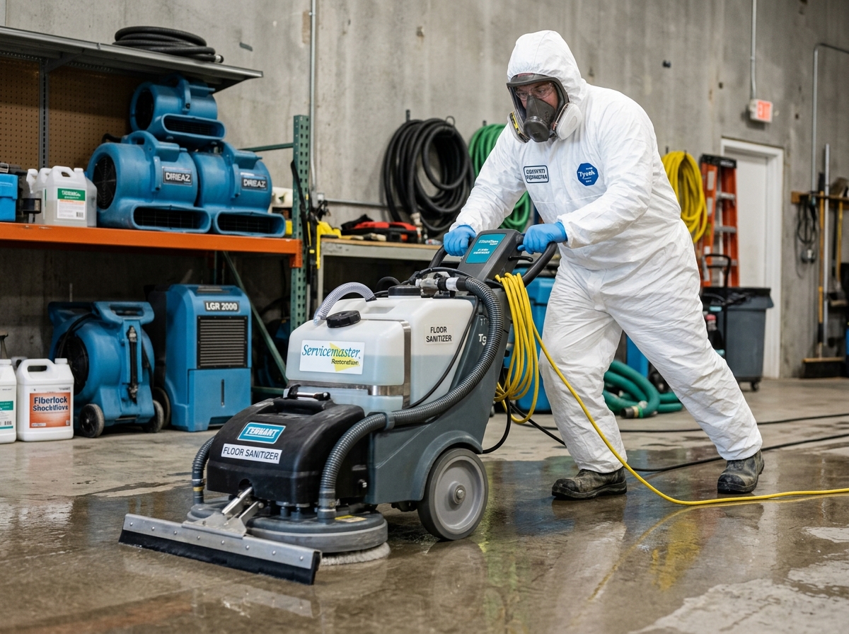 Technician in protective gear sanitizing a floor during sewage cleanup