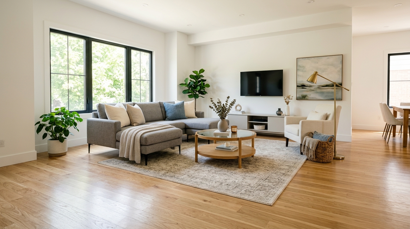 Clean, fully restored living room after professional water damage restoration